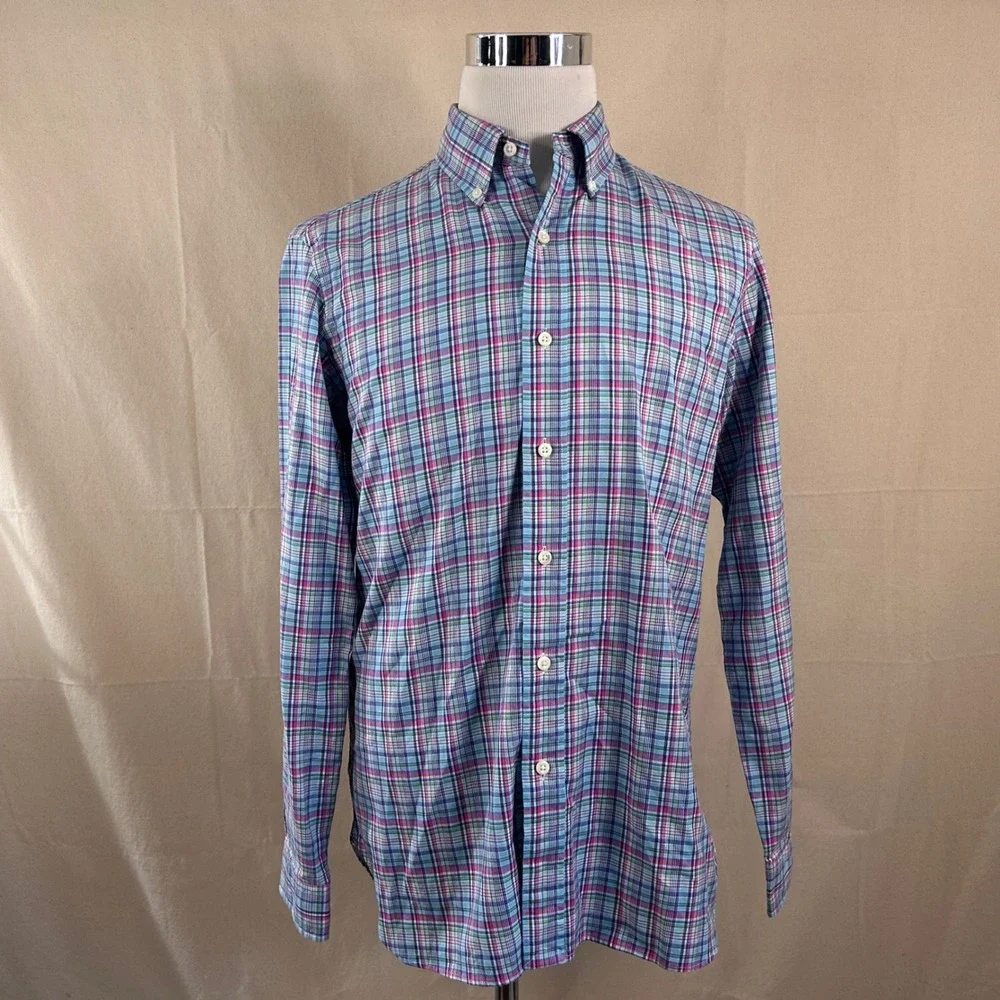 Polo Ralph Lauren Medium Button Down Shirt Blue Pink Plaid 100% Cotton Mens